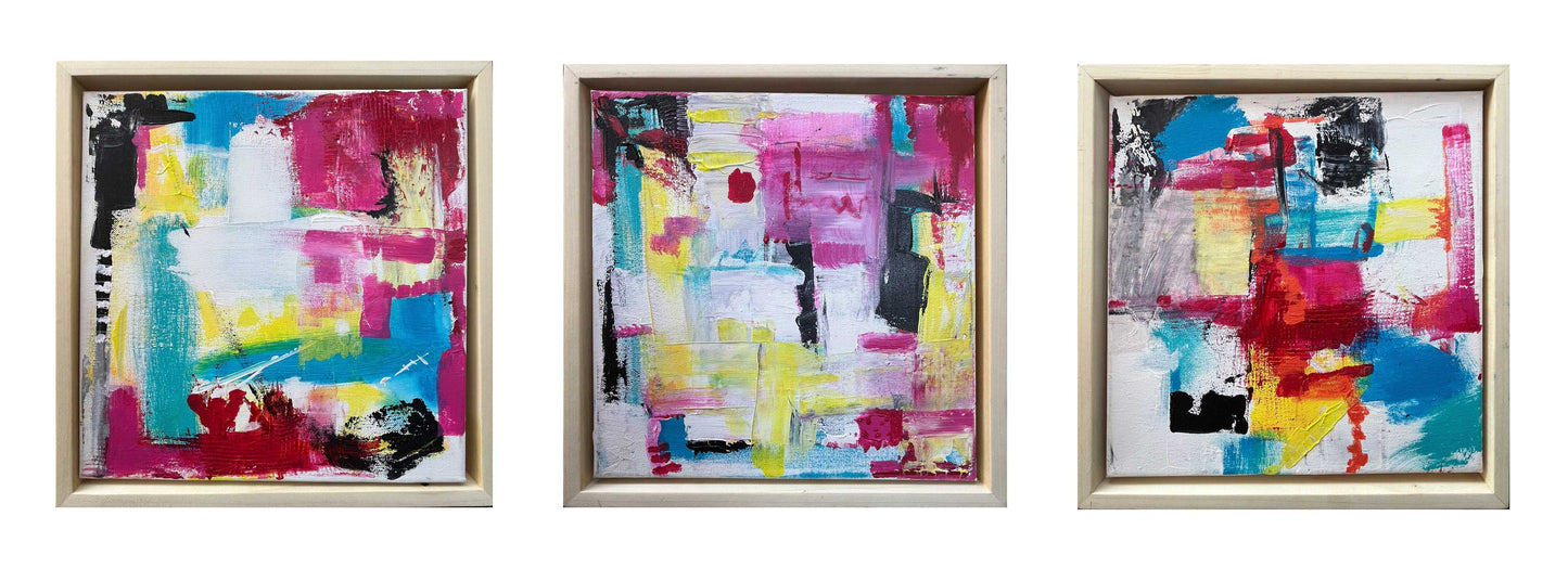 Color Pulse triptych painting by Cindy Trestman featuring vibrant abstract compositions in pink, yellow, blue, and black across three canvases
