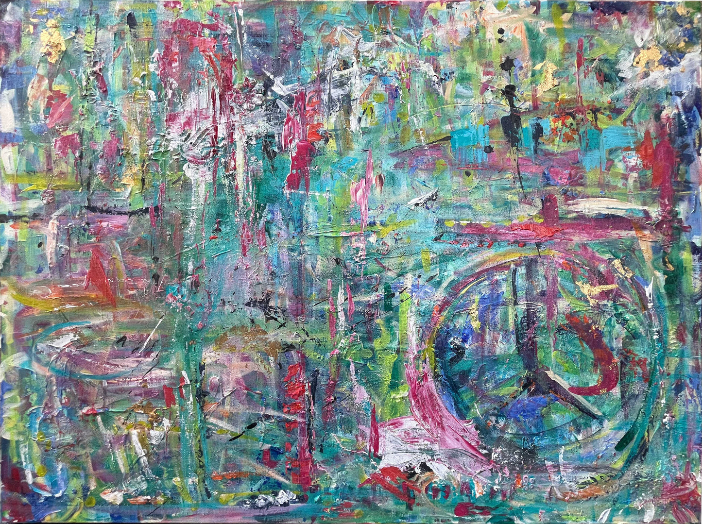 Colorful abstract painting with textured brushstrokes and a hidden peace symbol in a vibrant mix of pink, teal, and green on a 48x36 inch canvas.