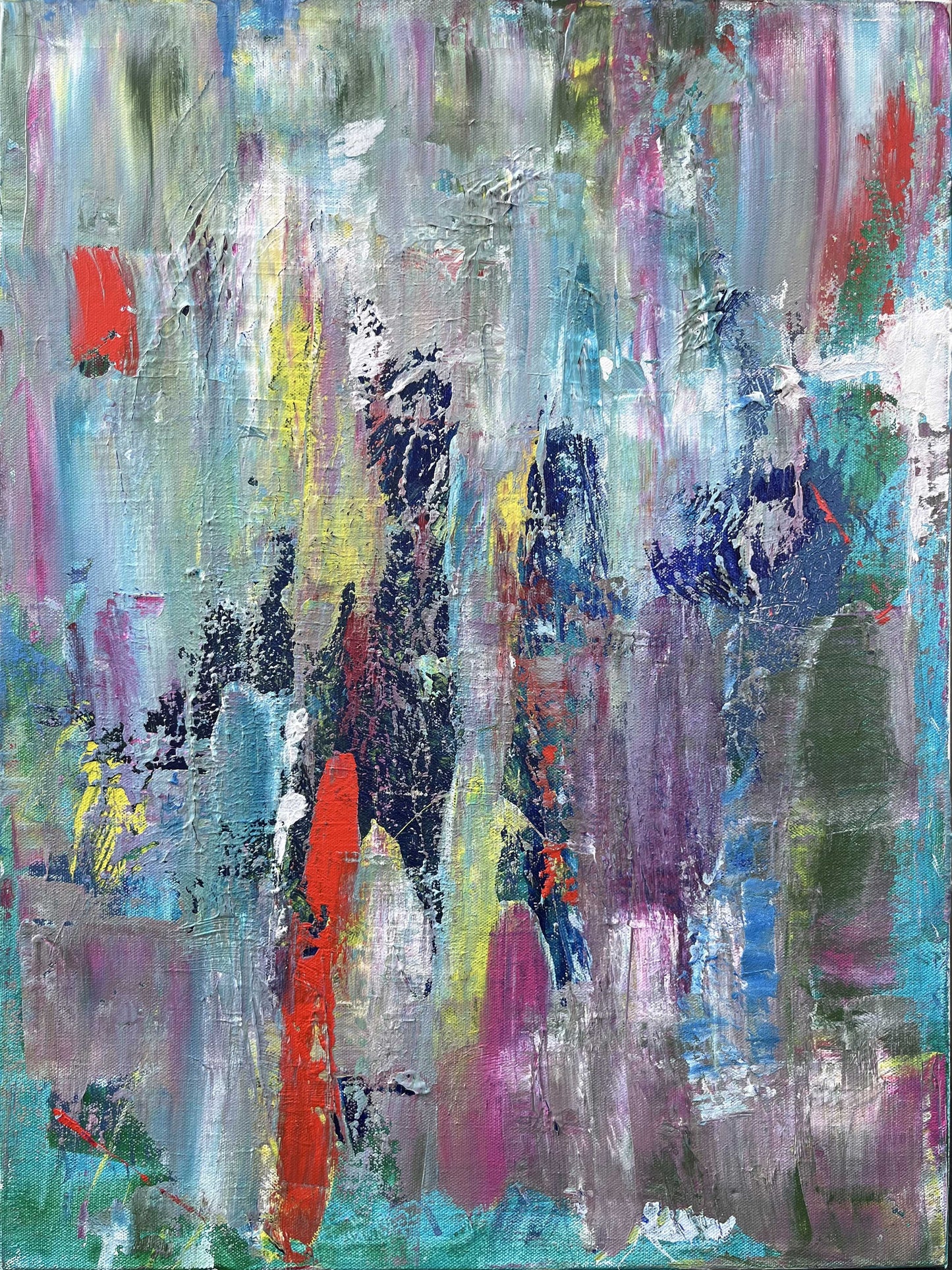 Vertical abstract painting with textured layers of teal, red, yellow, purple, and navy tones suggesting a crowded scene by Cindy Trestman on 18x24 inch canvas.