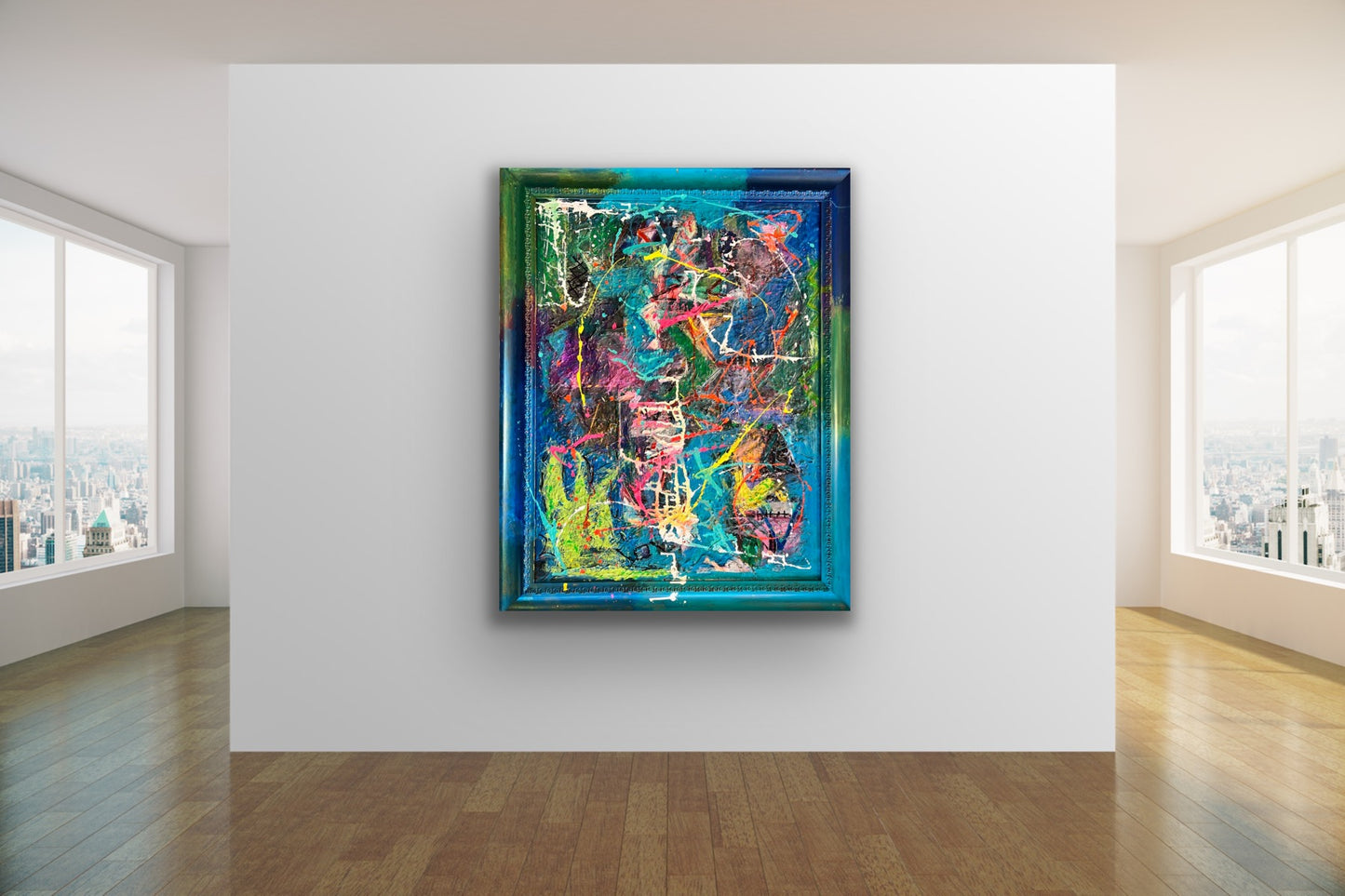 Multicolored Conversation Abstract Canvas Painting Framed by Cindy Trestman at Cindys Art