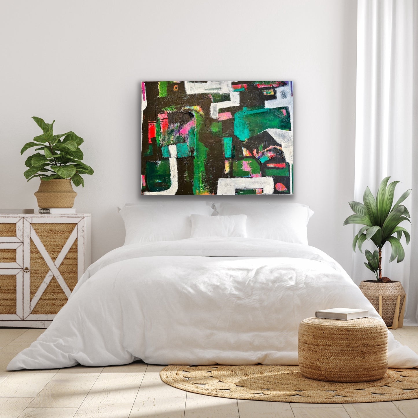 Green Geometric Large Canvas Painting by Cindy Trestman Bed Room