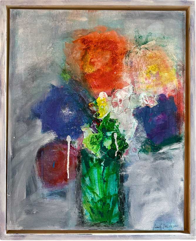 Soft abstract floral painting with a green vase and flowers in orange, red, purple, and white tones on a 20x24 inch canvas by Cindy Trestman.