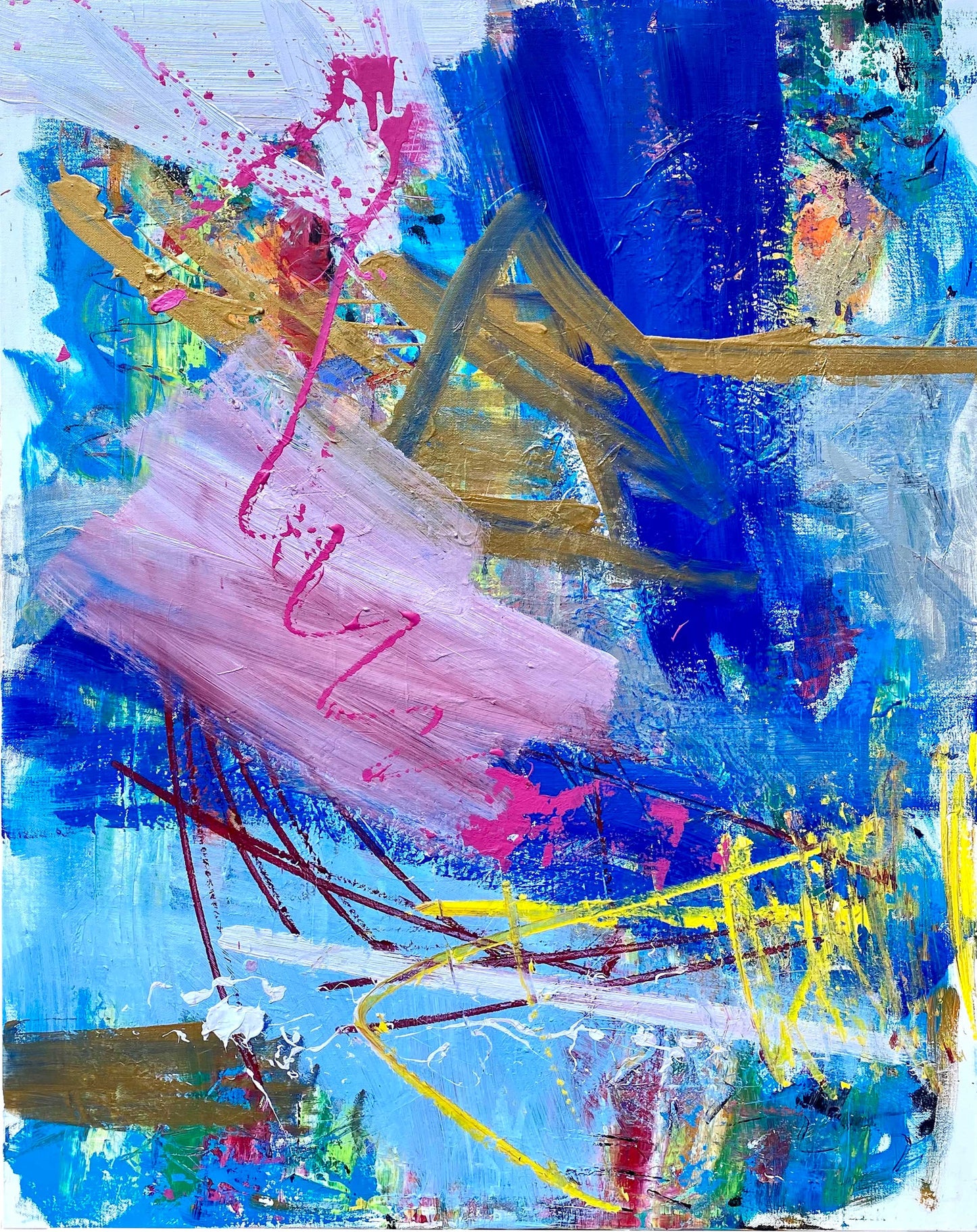 Colorful abstract painting with layered strokes of cobalt blue, pink, gold, and yellow on a 30x40 inch canvas by Cindy Trestman.