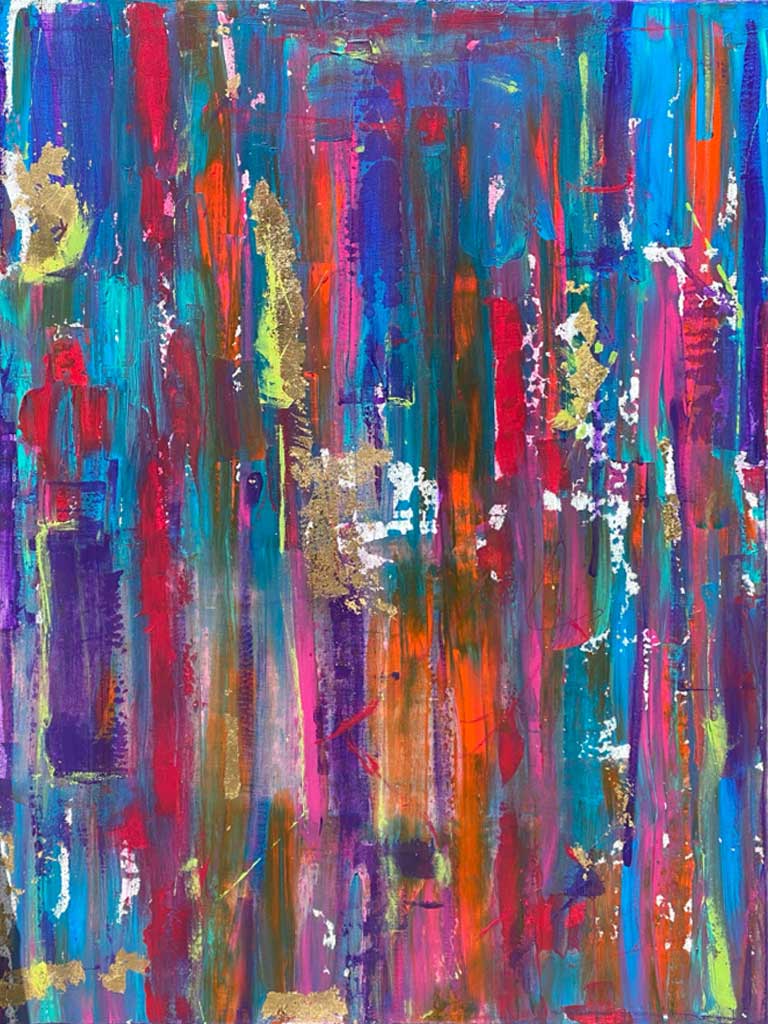 Textured abstract painting with vertical strokes in vibrant pink, teal, orange, and gold leaf accents on a 20x24 inch canvas by artist Cindy Trestman.