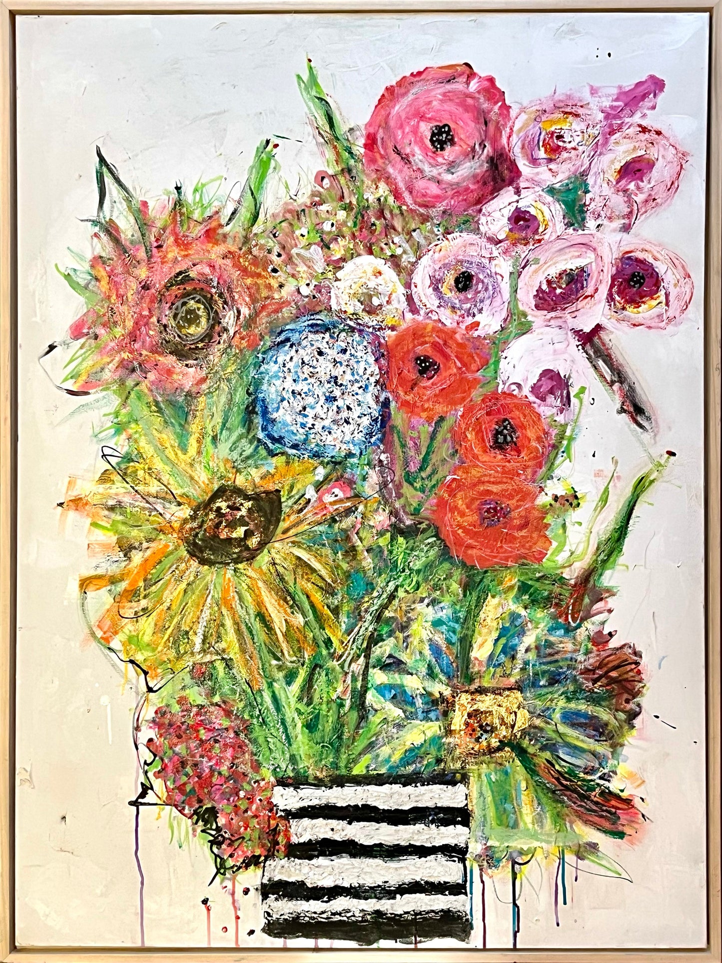 Large colorful abstract floral painting with textured sunflowers, poppies, and mixed flowers in a striped vase on a 36x48 inch canvas by Cindy Trestman.