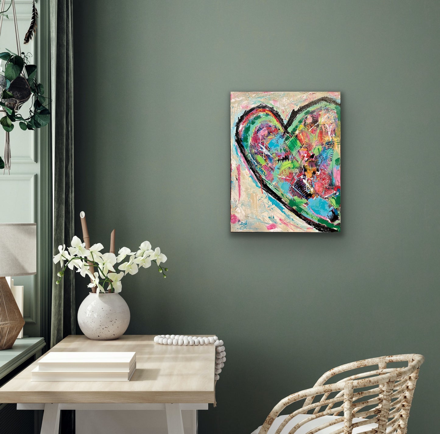 Textured abstract heart painting in vibrant colors like teal, pink, green, and red on an 18x24 inch canvas by Cindy Trestman 5