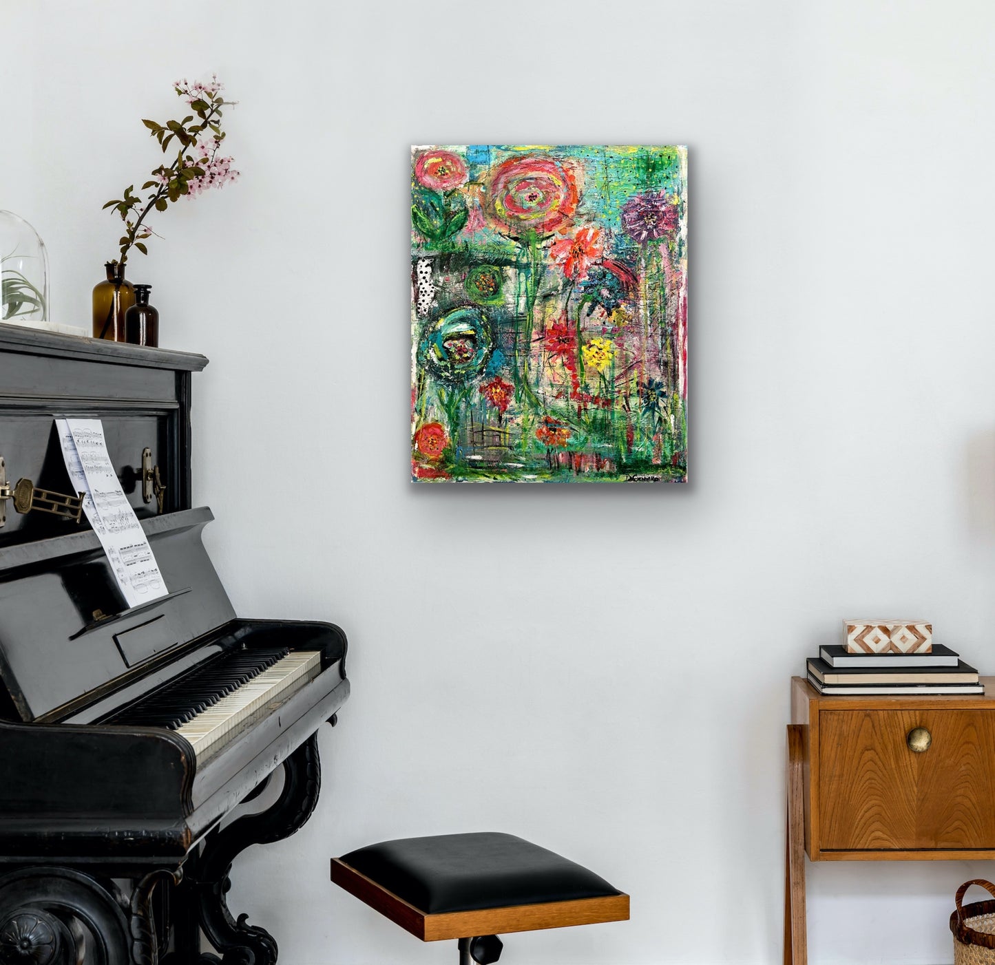 Multicolor Floral Passion Canvas Painting Wall Art by Cindy Trestman Piano