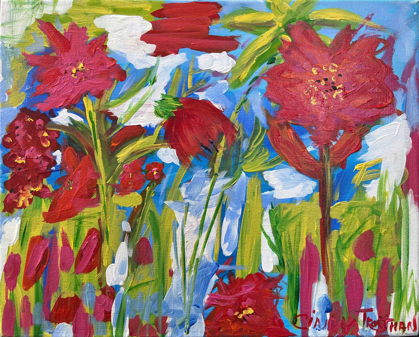Colorful floral abstract painting with red flowers by Cindy Trestman titled Summer Bloom