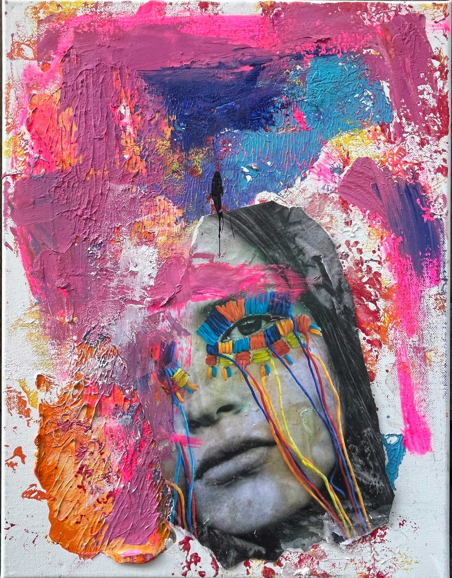 Mixed media portrait of a woman's face with stitched threads over her eyes, surrounded by vibrant abstract textures in pink, orange, and blue by Cindy Trestman.