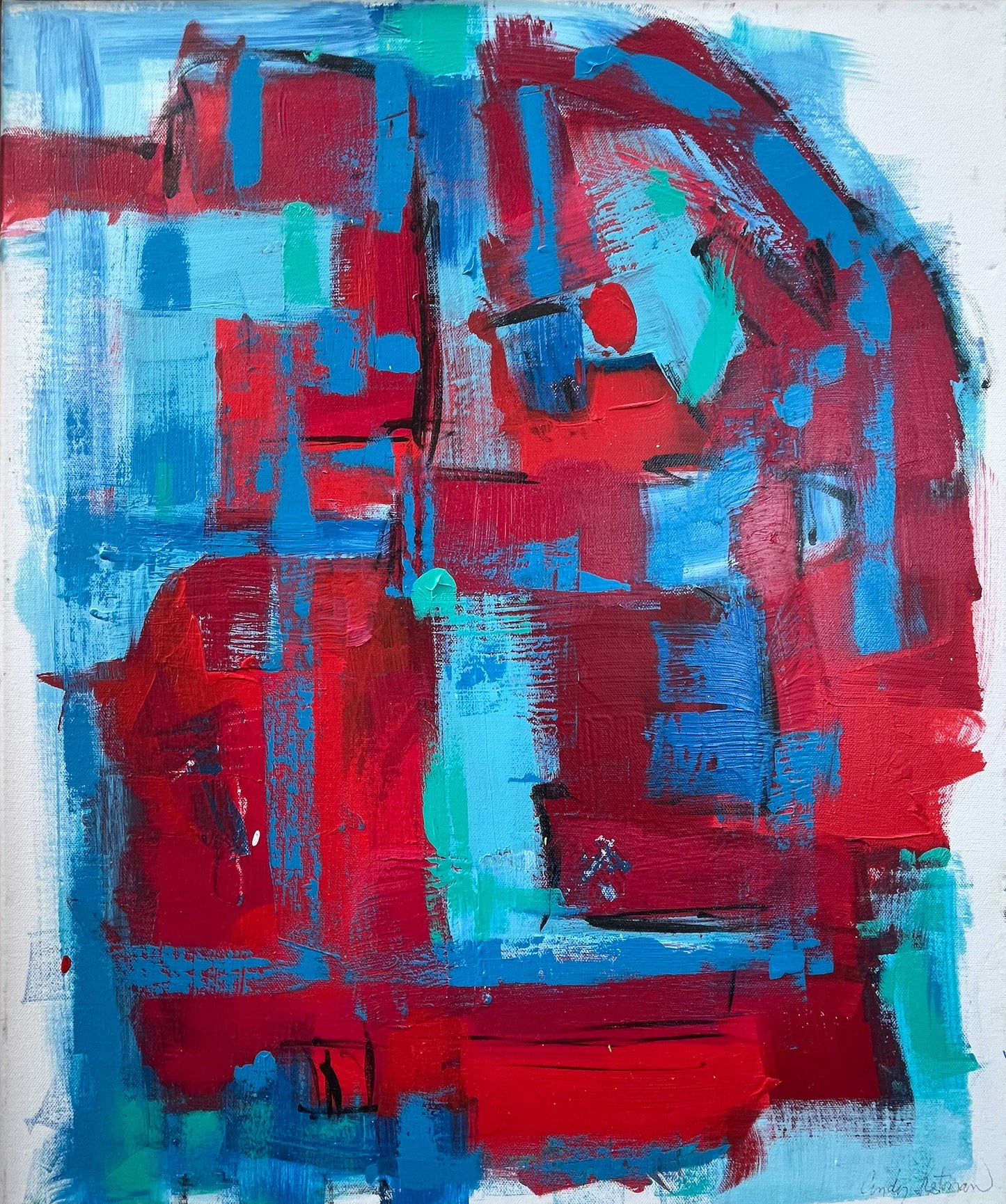 Abstract red and blue painting with bold textured brushstrokes on canvas by Cindy Trestman, evoking the energy of a modern city.