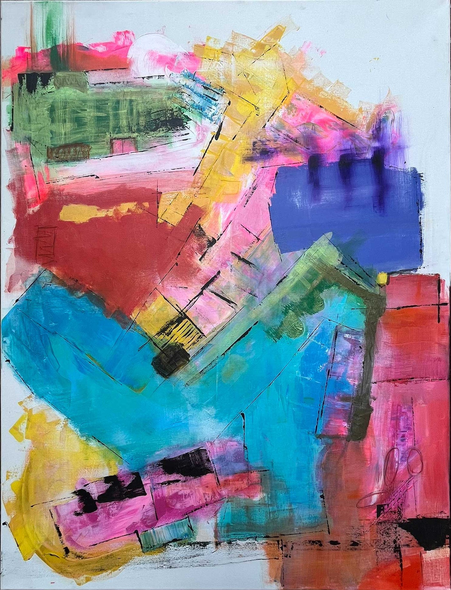 Colorful abstract painting with bold turquoise, red, yellow, and purple brushstrokes by Cindy Trestman on canvas.