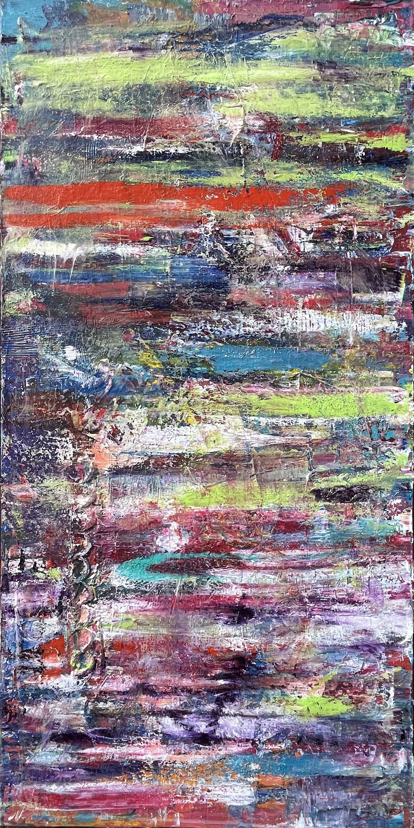 Vertical abstract painting with layered horizontal strokes in green, violet, blue, red, and orange on a 24x48 inch canvas by Cindy Trestman.