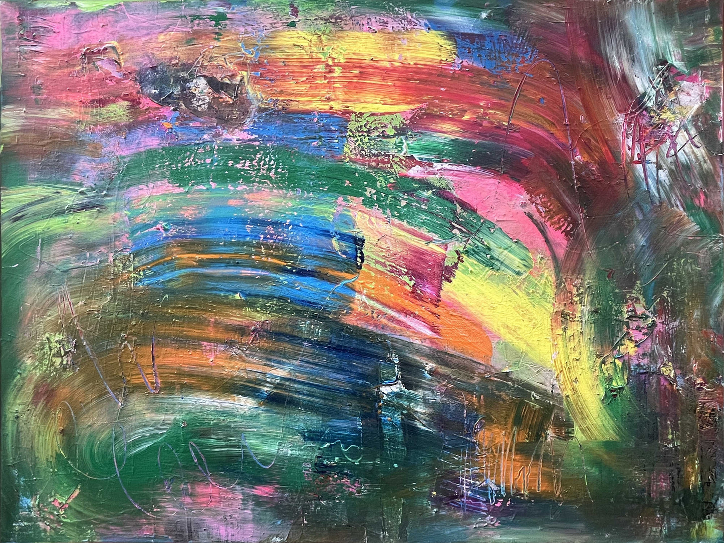 Colorful abstract painting with textured rainbow brushstrokes in pink, green, yellow, blue, and orange on a 30x40 inch canvas by Cindy Trestman.