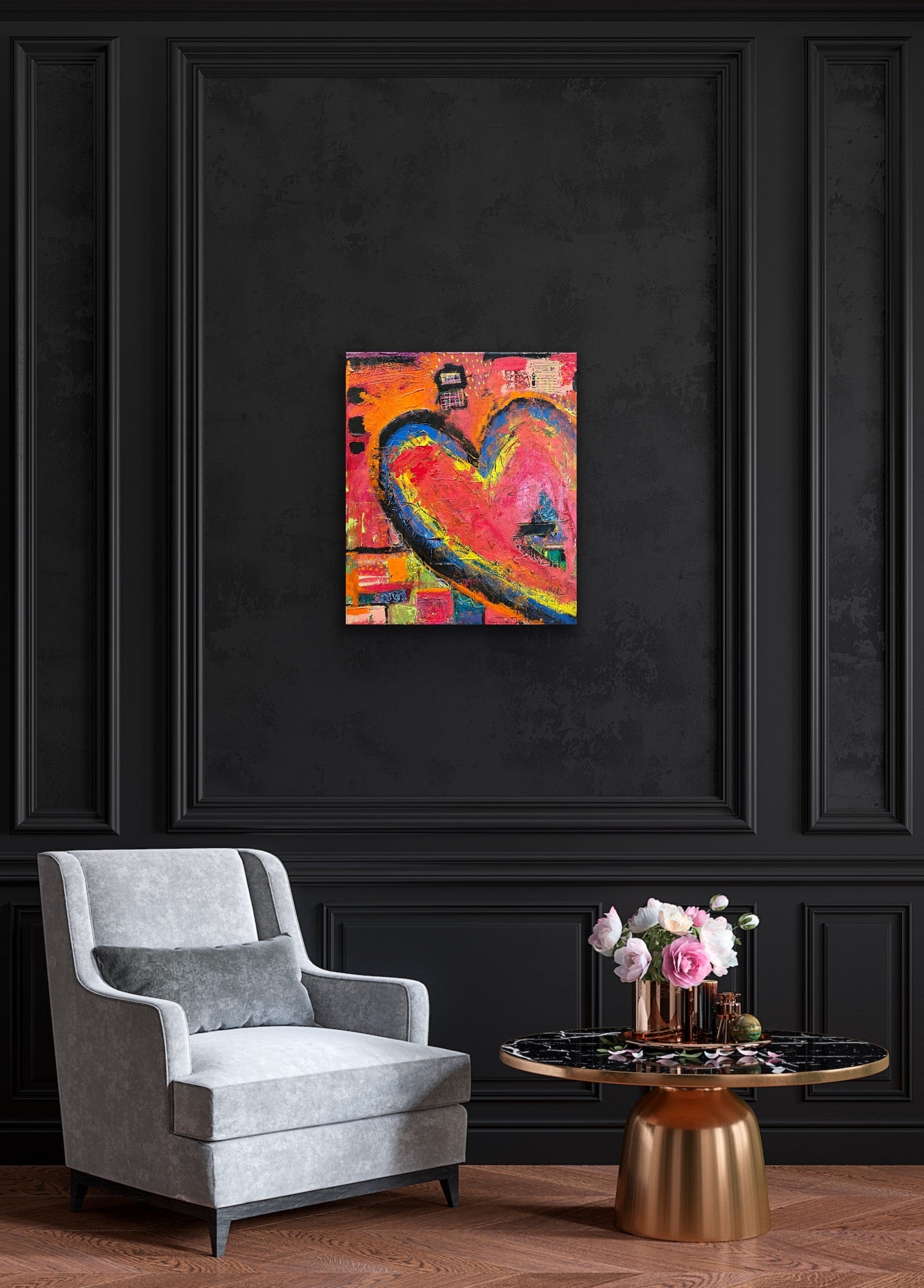 Textured abstract heart painting with vibrant shades of red, orange, yellow, blue, and pink on an 18x24 inch canvas by Cindy Trestman Waiting Room