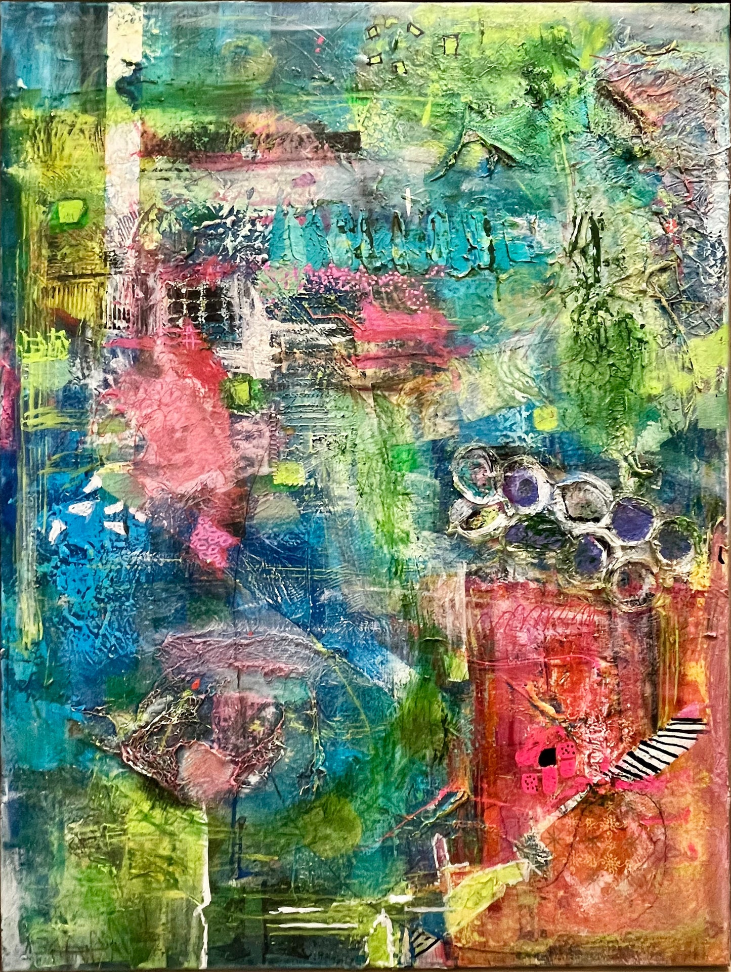 Vertical abstract painting with rich textures in teal, green, coral, blue, and violet by Cindy Trestman on a 30x40 inch canvas with layered mixed media.