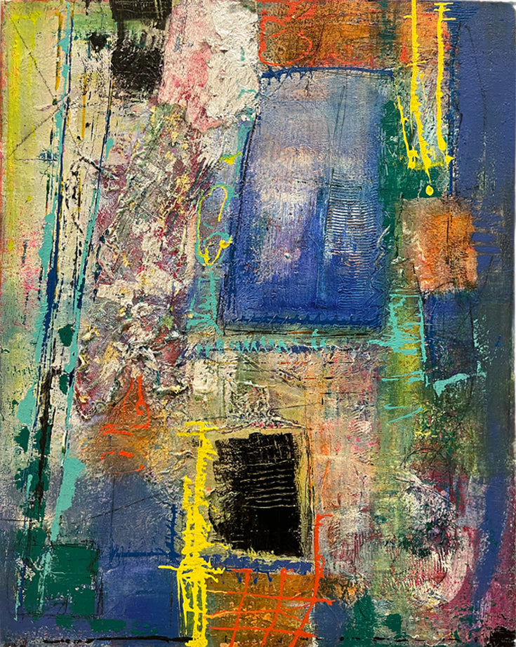 Vertical abstract painting with vibrant blues, yellow lines, orange, and textured mixed media on a 22x28 inch canvas by artist Cindy Trestman.