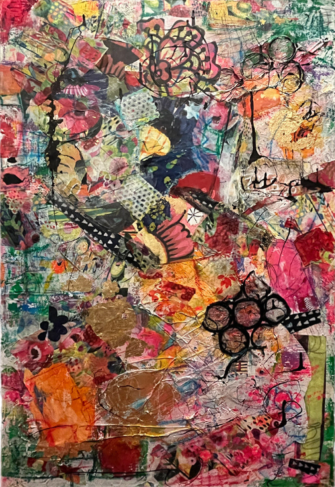 Colorful vertical abstract painting with layered textures, collage elements, floral shapes, and doodles in pinks, oranges, greens, and blacks by Cindy Trestman.