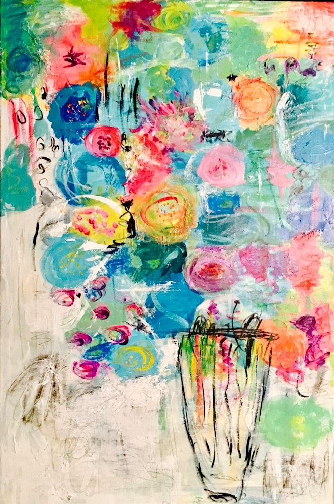 Abstract floral painting with colorful blooms in pink, blue, yellow, and green, anchored in a sketchy vase on a 24x48 inch canvas by Cindy Trestman.
