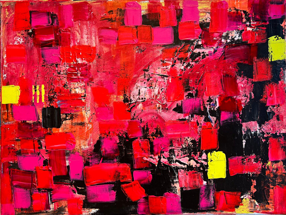 Red Fusion Abstract Painting by Cindy Trestman, Bold Red & Black Acrylic Art
