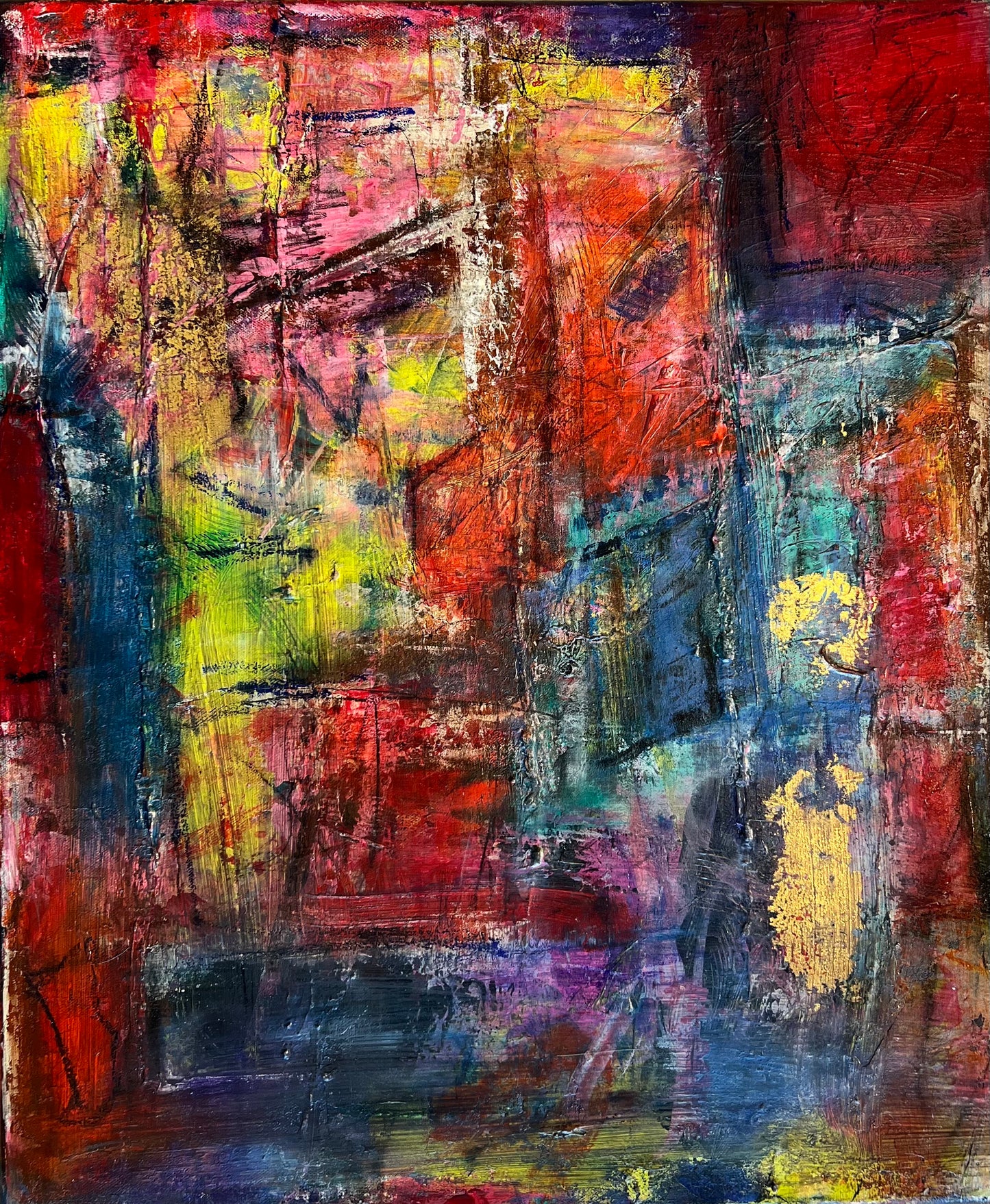 Multicolor Red Abstract Canvas Painting by Cindy Trestman