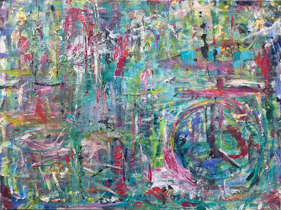 Colorful abstract painting with textured brushstrokes and a hidden peace symbol in a vibrant mix of pink, teal, and green on a 48x36 inch canvas.