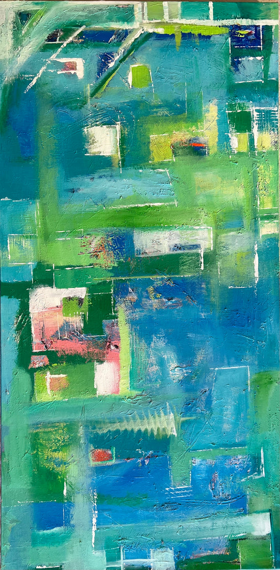 Abstract painting with layered green, blue, and soft coral blocks on a 24x48 inch canvas. Textured, tranquil, and modern artwork by Cindy Trestman.