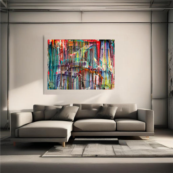 Abstract painting with bold textured brushstrokes in vibrant red, blue, yellow, and purple tones on a 48x36 inch horizontal canvas by Cindy Trestam