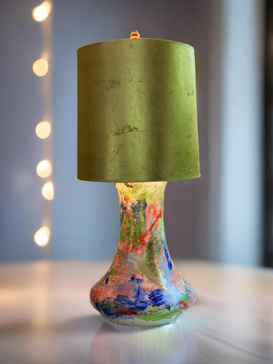 Hand-painted lamp base by Cindy Trestman featuring colorful abstract brushstrokes and artistic texture with a modern green lampshade.
