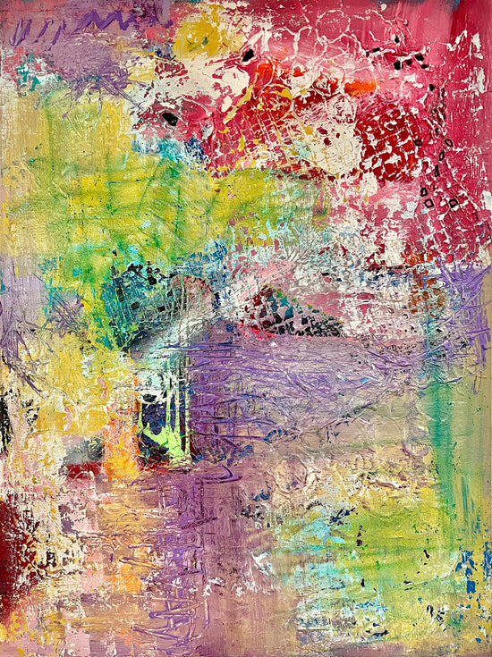 Textured abstract painting with layered purple, yellow, pink, and white on a 30x40 inch canvas by Cindy Trestman, featuring soft movement and tactile depth.
