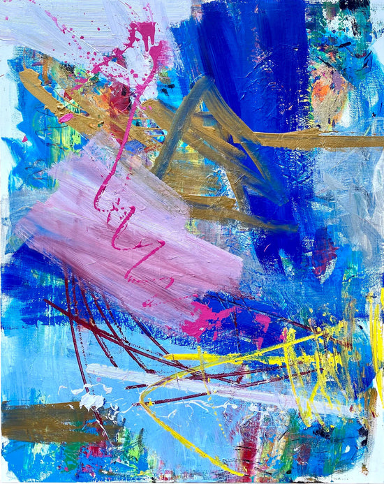 Colorful abstract painting with layered strokes of cobalt blue, pink, gold, and yellow on a 30x40 inch canvas by Cindy Trestman.