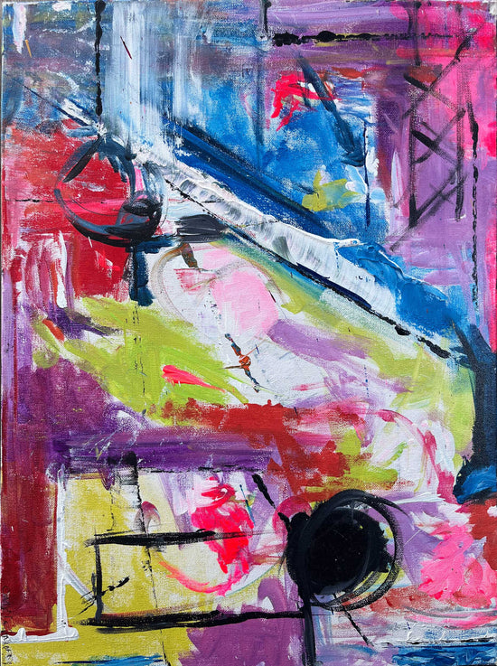Colorful abstract painting with bold strokes and vibrant tones by Cindy Trestman, titled Urban Energy