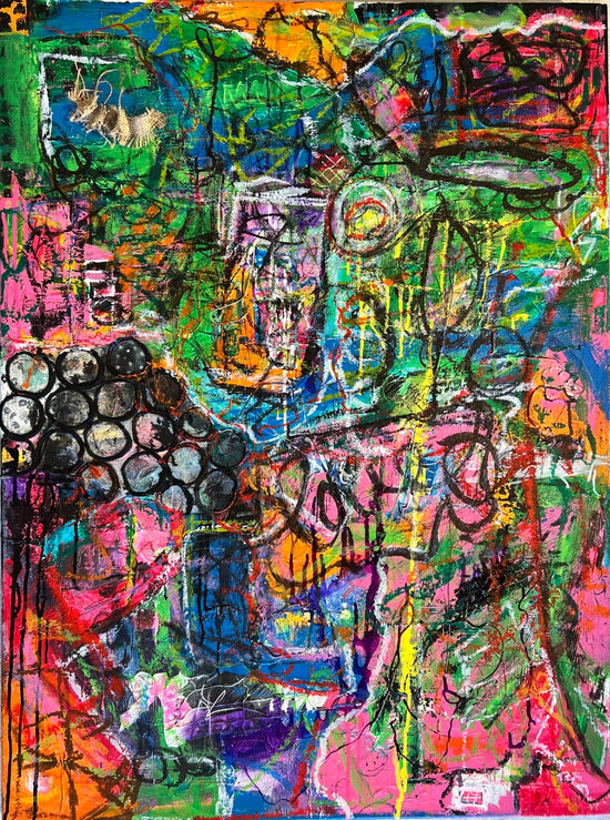 Colorful and chaotic abstract painting with scribbles, drips, and vibrant neon tones on a 30x40 inch canvas by Cindy Trestman.