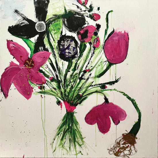 Square abstract floral painting with expressive fuchsia, black, and green flowers in thick textured strokes on a 36x36 inch canvas by Cindy Trestman.