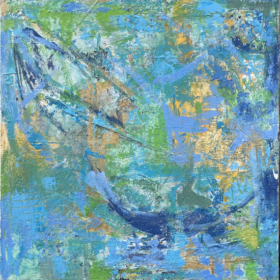 Vibrant abstract painting with layered textures, peace signs, hearts, and the word "love" in pink, red, yellow, teal, and black on a 38x46 inch canvas.