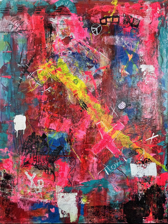 Vibrant abstract painting with layered textures, peace signs, hearts, and the word "love" in pink, red, yellow, teal, and black on a 38x46 inch canvas.

