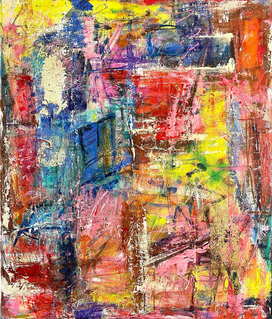 Colorful textured abstract painting with vibrant layers of red, yellow, blue, and pink on a 20x24 inch canvas by Cindy Trestman.