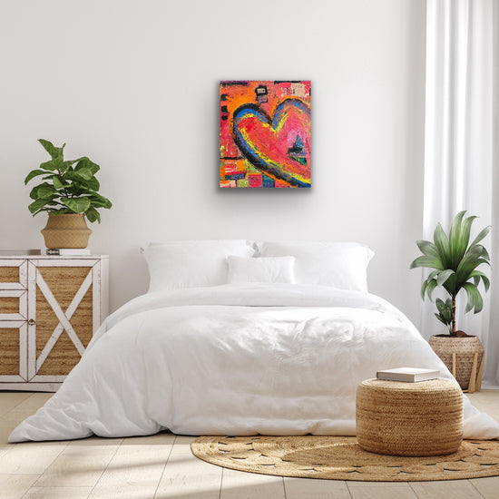 Textured abstract heart painting with vibrant shades of red, orange, yellow, blue, and pink on an 18x24 inch canvas by Cindy Trestman Room