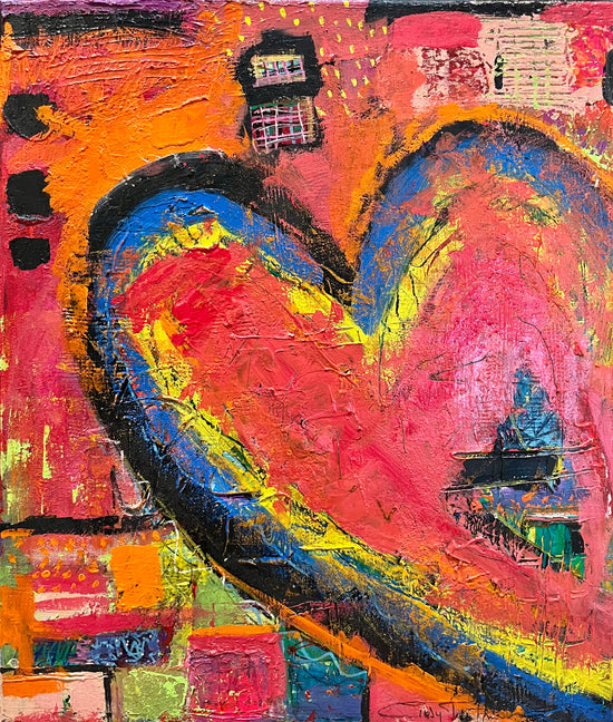 Textured abstract heart painting with vibrant shades of red, orange, yellow, blue, and pink on an 18x24 inch canvas by Cindy Trestman