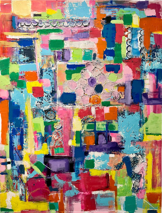 Colorful geometric abstract painting with textured blocks in pink, teal, orange, and yellow on a 36x48 inch canvas by artist Cindy Trestman.