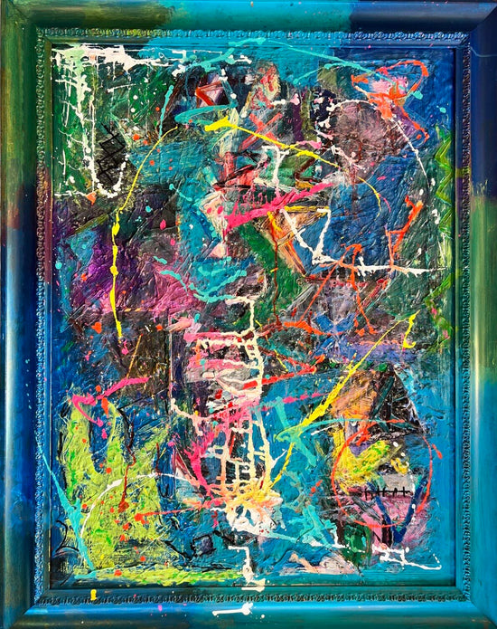 Bold abstract painting with colorful splatters and textures in neon and jewel tones, framed in an integrated blue border on a 36x48 inch canvas by Cindy Trestman.