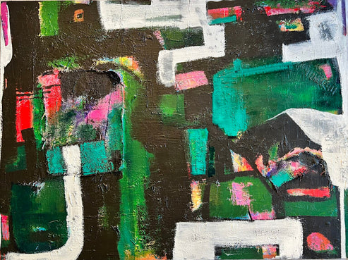 Horizontal abstract painting with bold white lines, vibrant green, teal, pink, and textured black blocks on a 36x48 inch canvas by Cindy Trestman.