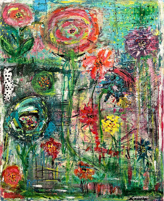 Textured abstract floral painting with vivid blooms in red, yellow, pink, and green on a 24x30 inch canvas by artist Cindy Trestman.