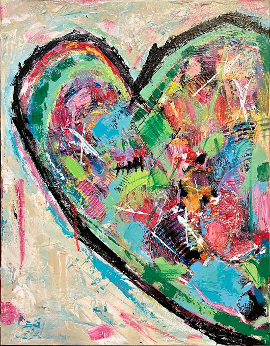 Textured abstract heart painting in vibrant colors like teal, pink, green, and red on an 18x24 inch canvas by Cindy Trestman.