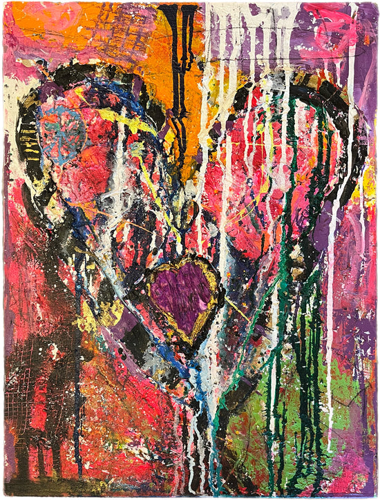 Textured abstract heart painting with dripping white paint, layered twin hearts, and a gold-trimmed purple heart on an 18x24 inch canvas by Cindy Trestman.
